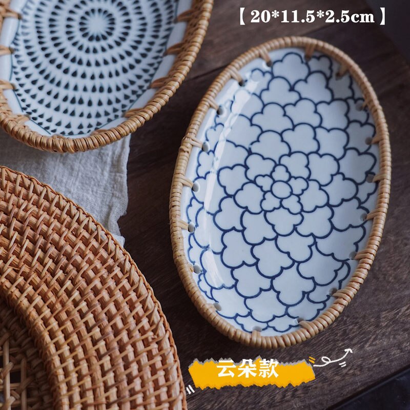 Plato de empalme de porcelana de ratán, platos de cerámica de postre de fruta hechos a mano, platos de almacenamiento para el hogar, plato de baratija ovalado, Producto respetuoso con el medio ambiente