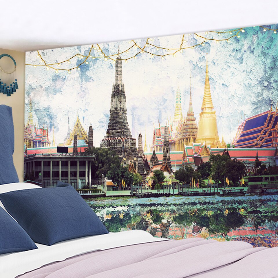 Tower Landscape Oil Painting Tapestry Psychedelic Witchcraft Mystery Polyester Background Cloth Wall Hanging Home Decor