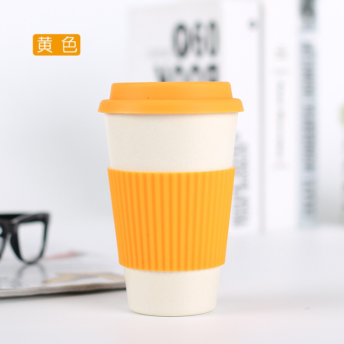 Portable Office Home Bamboo Fiber Coffee Mug Reusable Milk Cup With Lid 400ml: Orange