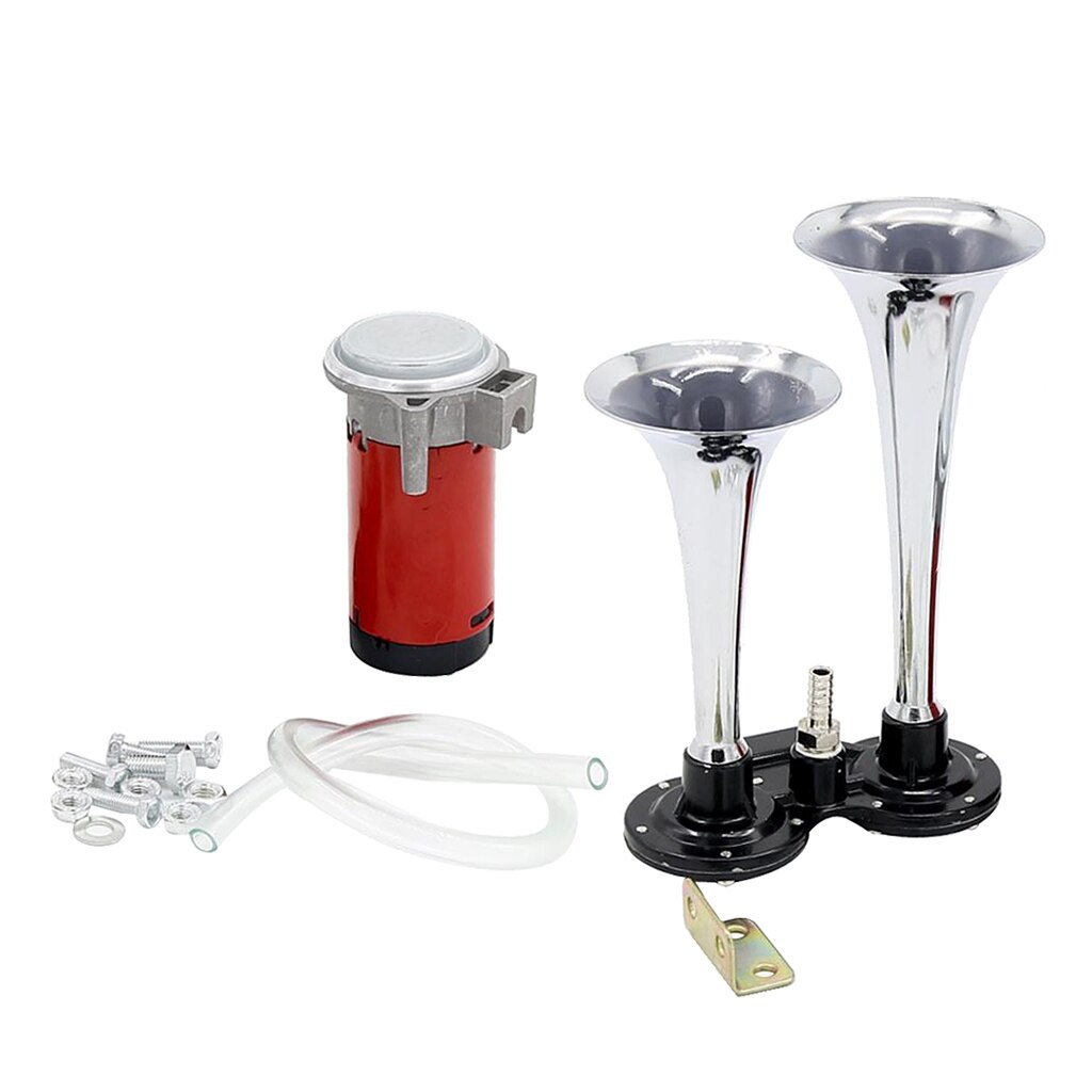 12V DC Super Loud 150db Dual Trumpet Air Horn Compressor Kit, Premium Car Vehicle Train Horn Kit (Chrome)