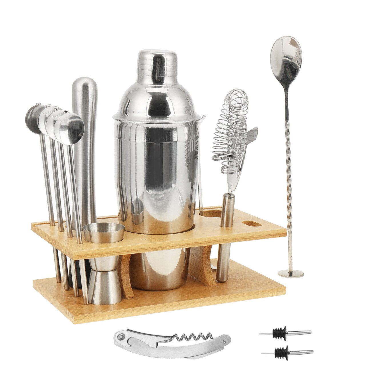 14pcs Stainless Steel Cocktail Shaker Set 550/750ml Kit Mixer Drink Bartender Kit Bareware Tools Set With Bamboo Wood Rack Stand
