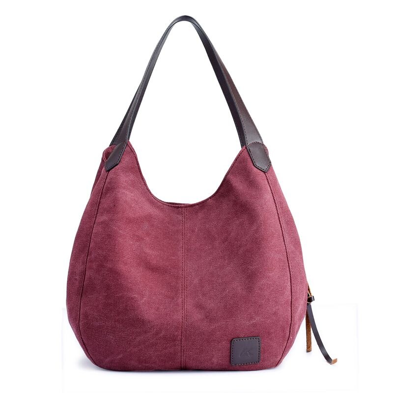 Bolso de lona de para mujer, bandolera informal de gran capacidad, Hobos, bolso de hombro sólido: wine red