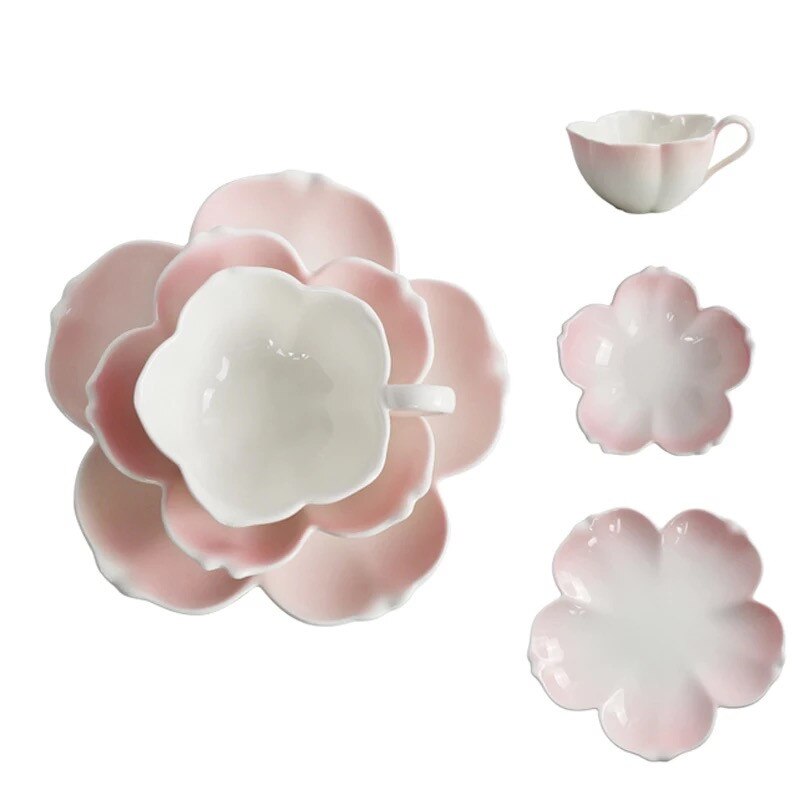 Tasse à café en céramique en forme de fleur avec soucoupe, ensemble de plateaux à Dessert, style européen léger de luxe, romantique, thé de l&#39;après-midi, lait, plat à gâteau