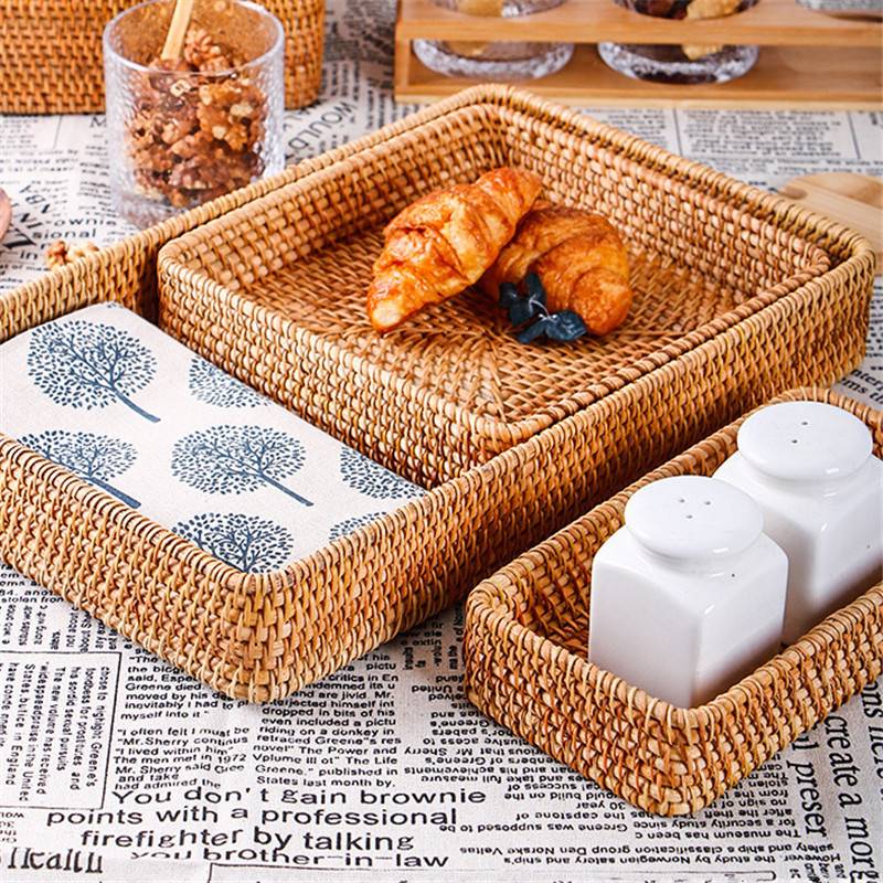 Handgemaakte Rotan Mand Hand Geweven Opbergdoos Snack Brood Fruit Ontbijt Display Dienblad Desktop Organizer Home Decor