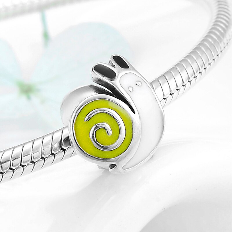 100% 925 perles d'espacement en argent sterling émaillé jaune en forme d'escargot actif, adaptées aux bracelets européens originaux, fabrication de bijoux