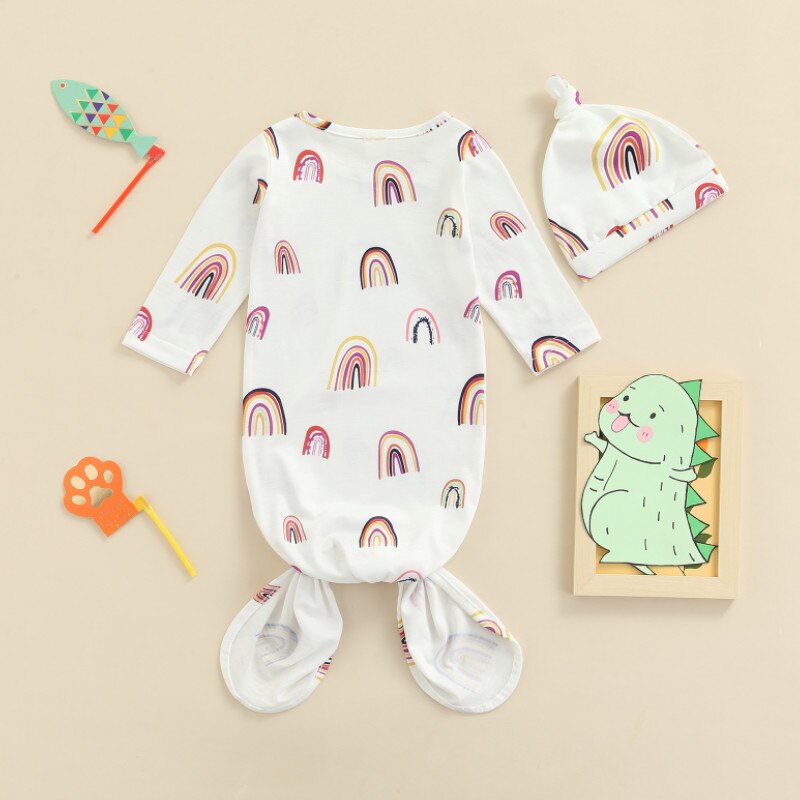 2 Stuks Pasgeboren Regenboog Print Outfits, Baby Tie-Up Lange Mouwen Ronde Hals Slapen Zak + Beanie