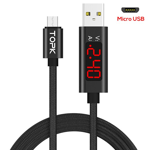 TOPK AC27 Micro USB Kabel 1M Spannung und Strom Display Nylon Geflochten Langlebige USB Ladekabel & Daten Sync: Black