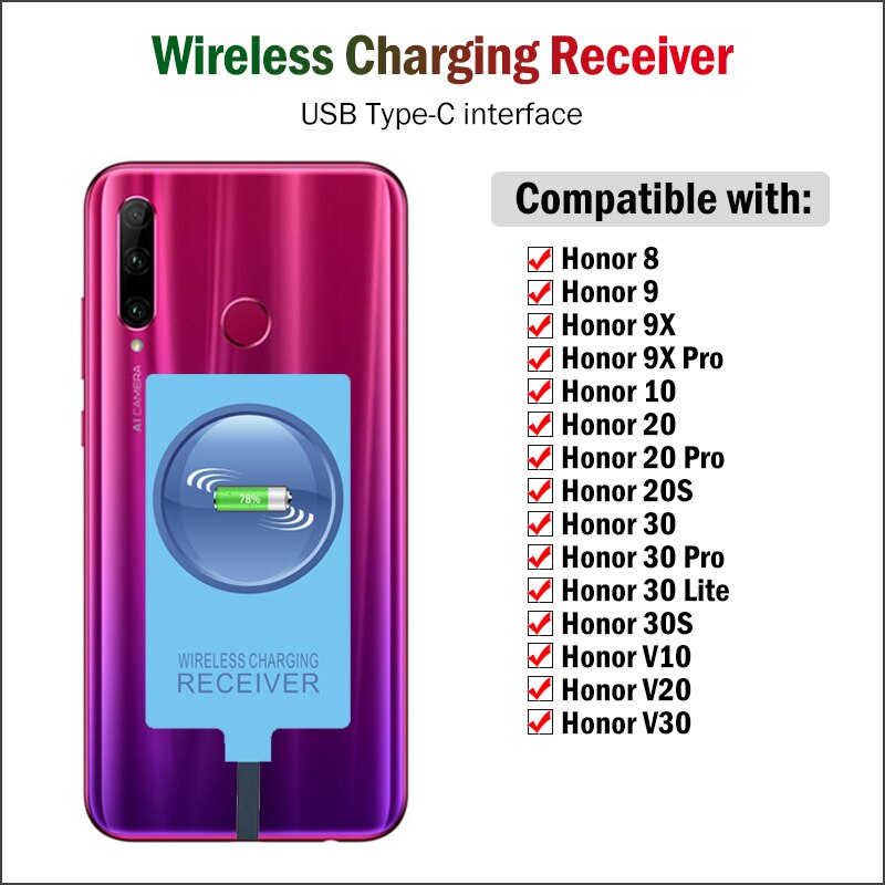 Receptor de carga inalámbrica Qi para Huawei Honor 8, 9, 9X, 10, 20, 30 Pro Lite, 20S, 30S, V10, V20, V30, Adaptador tipo C, conector USB C