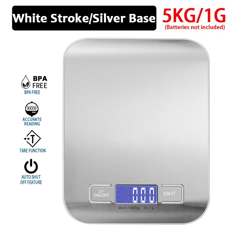 5/10kg Digital Kitchen Scale Electronic LCD Display Stainless Steel Weight Scale Measuring Food Diet Scales Kitchen Accessories: A-White-5KG