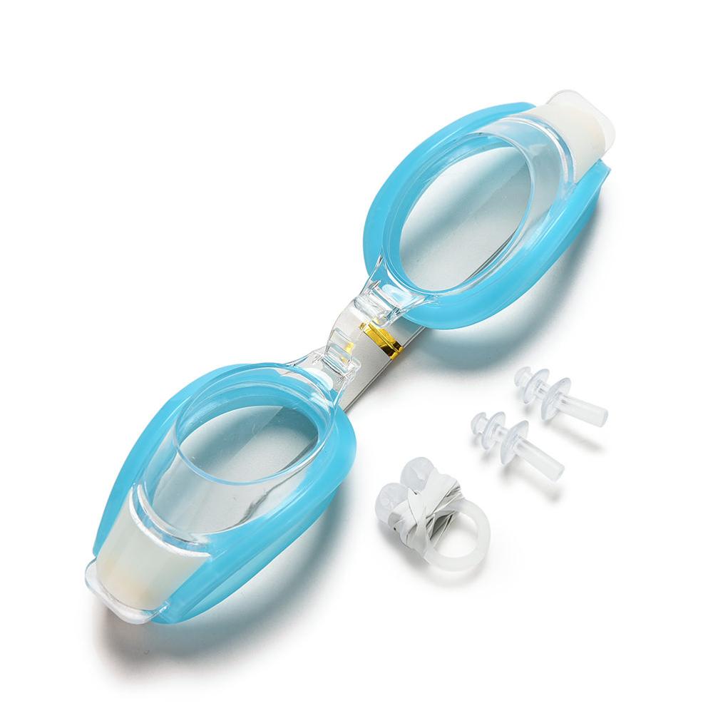 Volwassen Unisex Zwemmen Bril Kit Zomer Duiken Zwemmen Bril Plastic Rubber Goggle Set Met Oordopjes Neus Clip: Sky Blue