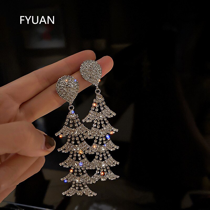 FYUAN Geometric Water Crystal Earrings for Women Bijoux Long Tassel Rhinestone Dangle Earrings Statement Jewelry