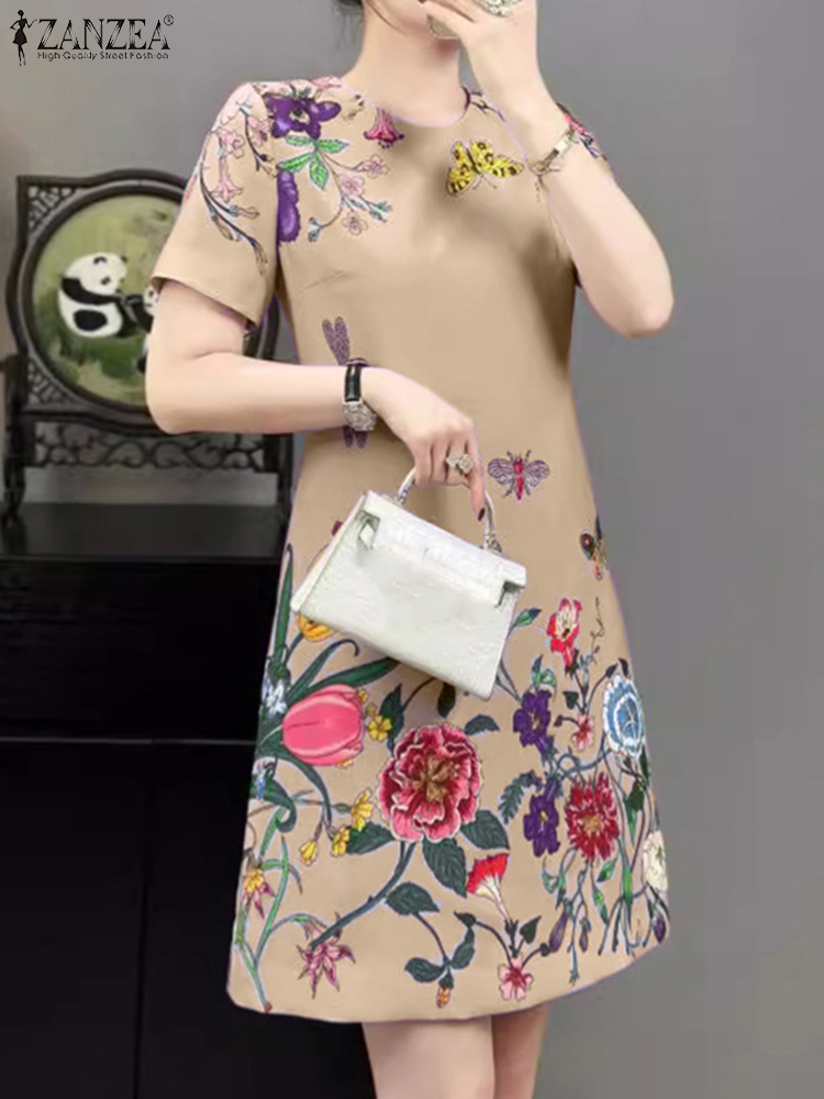 Zanzea zomerjurk met bloemenprint voor dames, stijlvolle feestjurken, korte mouwen, werkjurk, zomerjurk, bohemian vestidos