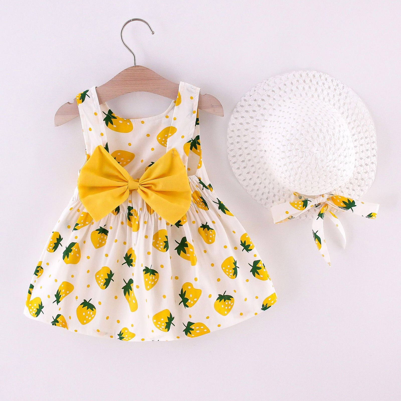 Robe d'été pour -né, vêtements pour filles, tenue de fête, sans manches, motif fraise, avec nœud de plage, princesse, chapeau