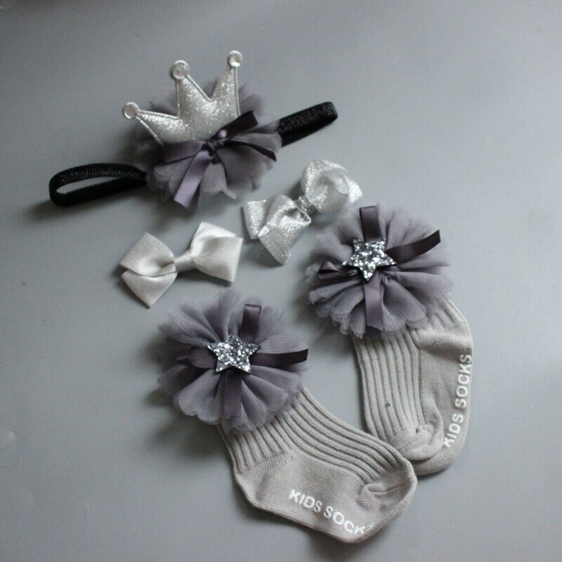 4pcs/Sets Newborn Baby Girl Boy Socks Lace Ruffle Tutu Socks Frilly Ankle Princess Anti Slip Socks+Headband+Hair Pin 0-24M