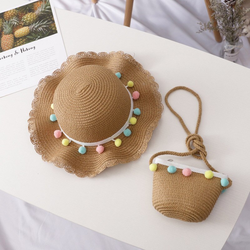 Sombrero tejido de paja bolso bandolera para niña de verano dibujo bonito fresa playa viaje protector solar onda de encaje gorra de sol U5: U6 Khaki