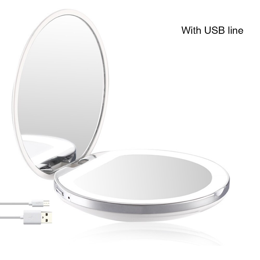 3 luces mini espejo de maquillaje portátil redondo espejo de luz de relleno 3X Magnify Fold USB Cable de conexión batería incorporada espejo recargable: GJ5184-W
