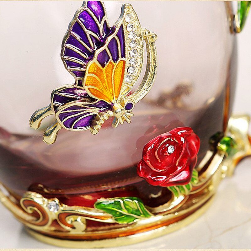 Röd blå ros emalj kristall te kopp kaffe mugg fjäril ros målad blomma vatten koppar klart glas med sked set perfekt