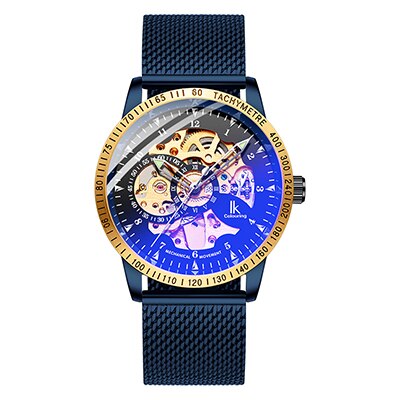 Ik färglägg herrklockor mesh flätat band i rostfritt stål automatisk mekanisk manlig klocka skelett steampunk relogio masculino: F4