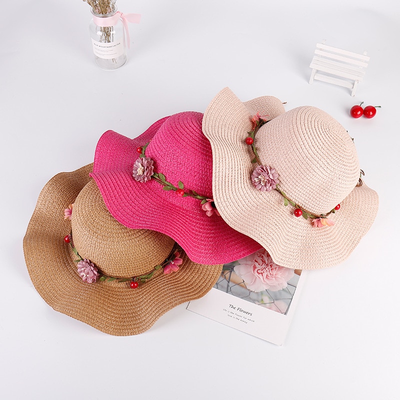Bloemen ouder-kind Zomer Meisje Zonnehoed Cap Rose Rood Bruin Licht Roze Stro Platte Top Zomer strand Strooien Hoed Strand Caps