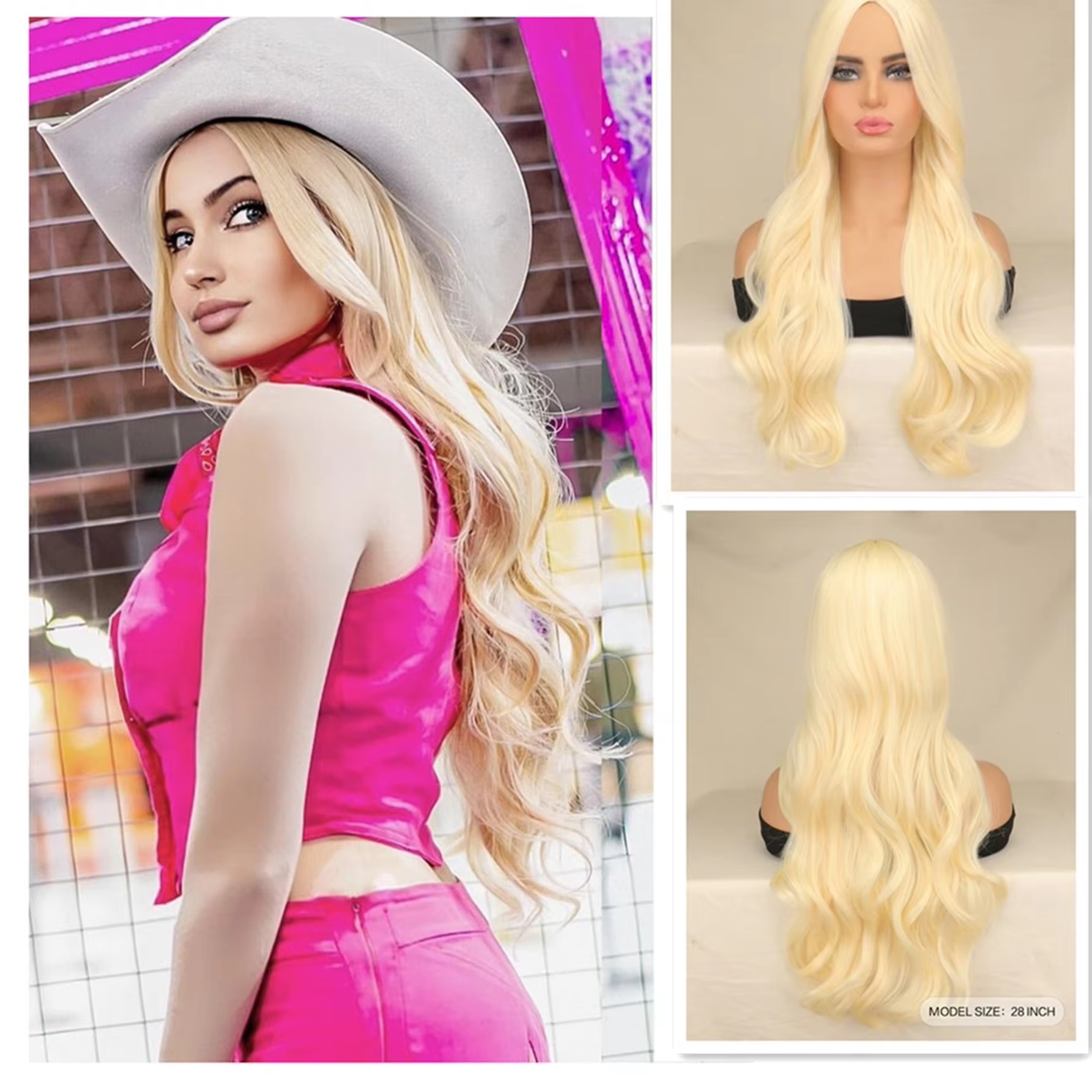 Peluca sintética rubia con flequillo recto Peluca de cosplay para mujer Peluca de seda de alta temperatura con ondas grandes y pelo largo y rizado: T1B / 33 / 27
