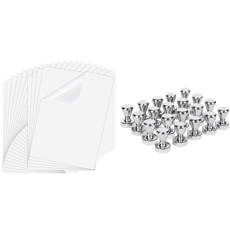 Push Pins 20 Pack ,Brushed Nickel Push Pin Strong Magnets With 25 Sheets Inkjet Sticker Paper,Printable Paper Label