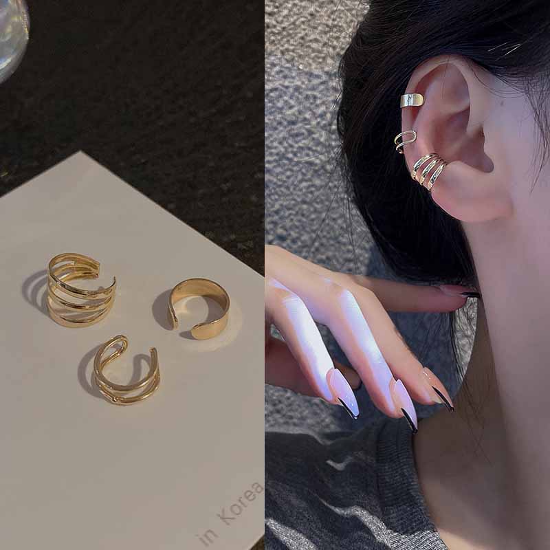 Silver Color Leaves Clip Earrings for Women Men Simple C Ear Cuff Non-Piercing Ear Ear Clip Set Trend Jewelry: Light Yellow Gold Color