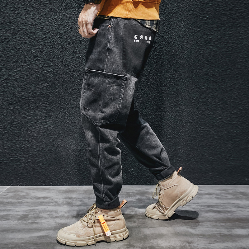 strada la moda jeans strappati uomo retrò nero grigio allentato in forma elastico casuale pantaloni carico in denim pantaloni anca-salto tasca larga pantaloni larghi