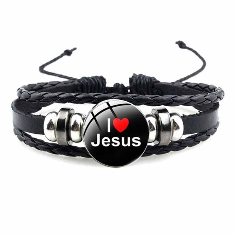 Bracelet avec symbole chrétien de poisson de jésus, bijou en verre fait à la main, Punk, en cuir tissé noir, bijoux manchette pour hommes et femmes