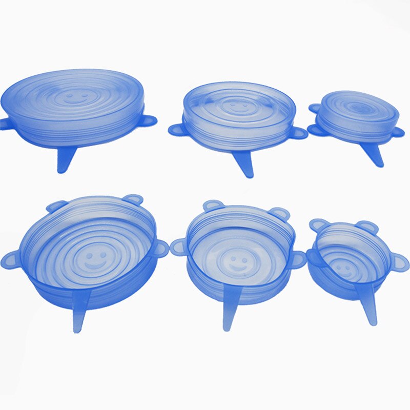 6 stuks herbruikbare siliconen kom afsluitdoppen magnetron koelkast verse kom deksel voedsel vers houden rekbaar magisch deksel: Blauw