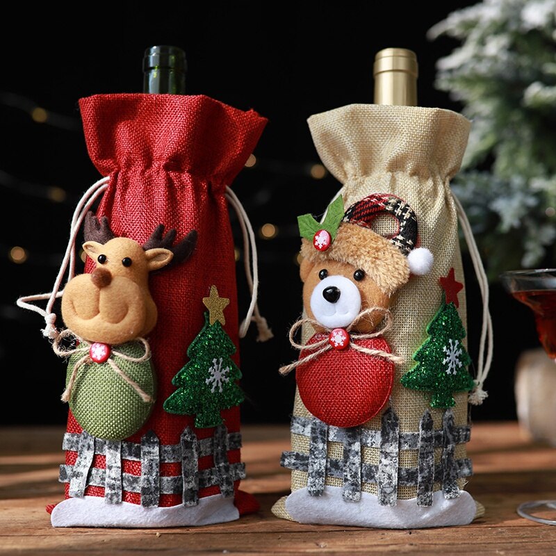 3Pc Kerst Rode Wijn Fles Covers Bag Linnen Champagne Fles Cover Kerst Decoraties Voor Huis
