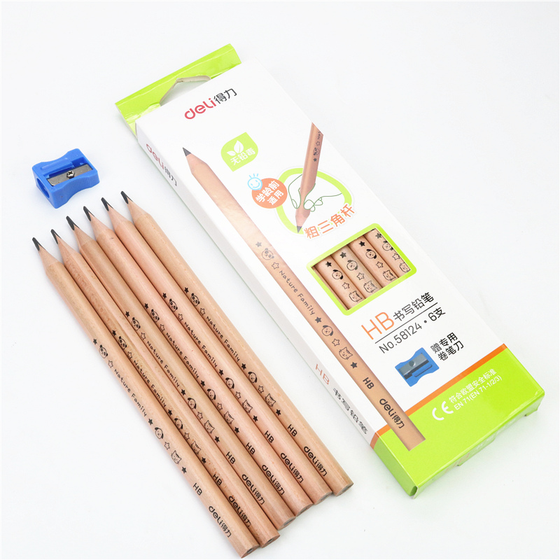 Thick triangle pencils 6 pens a set and a pencil sharpener Child drawing sketch HB pen