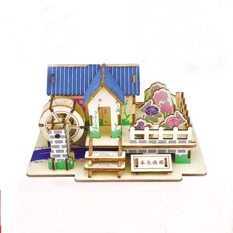 Wooden 3D three-dimensional handmade diy wooden puzzle cottage model children's toys: White