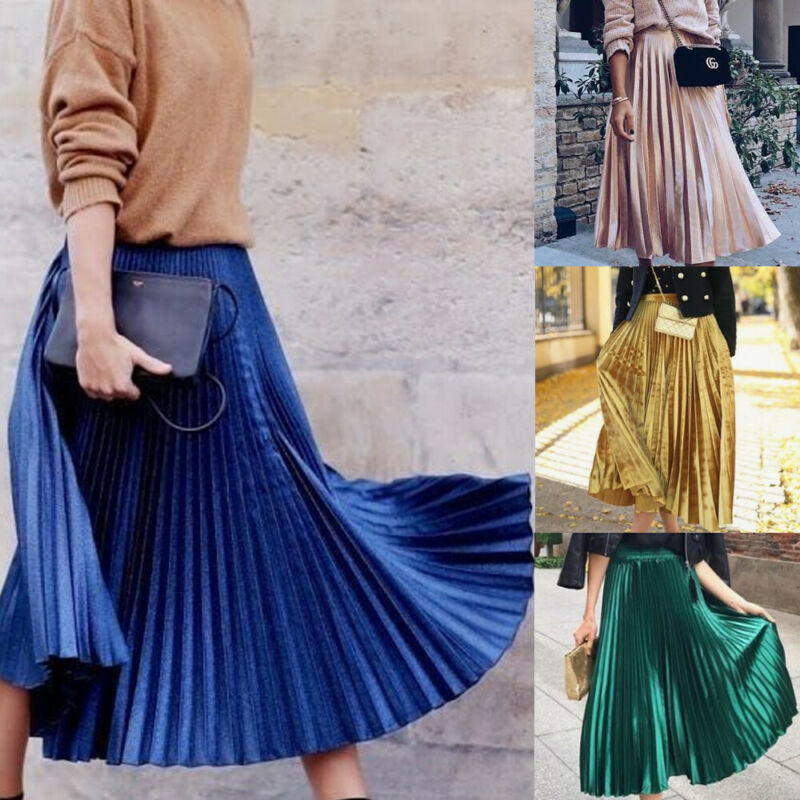 Forår kvinder lang metallisk sølv maxi plisseret nederdel midi nederdel høj talje casual fest nederdel vintage efterår varmt nederdel