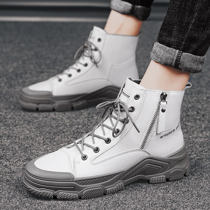 Bottes Martin imperméables et antidérapantes pour homme, chaussures de couleur unie, à lacets, nouvelle , hiver: GRAY / 39