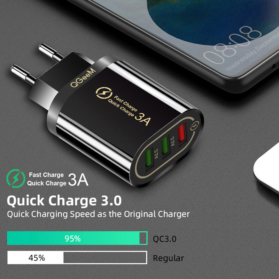 QGEEM-cargador USB 3 para iPhone, adaptador de carga rápida 3,0 para Xiaomi QC 3,0, cargador de teléfono portátil