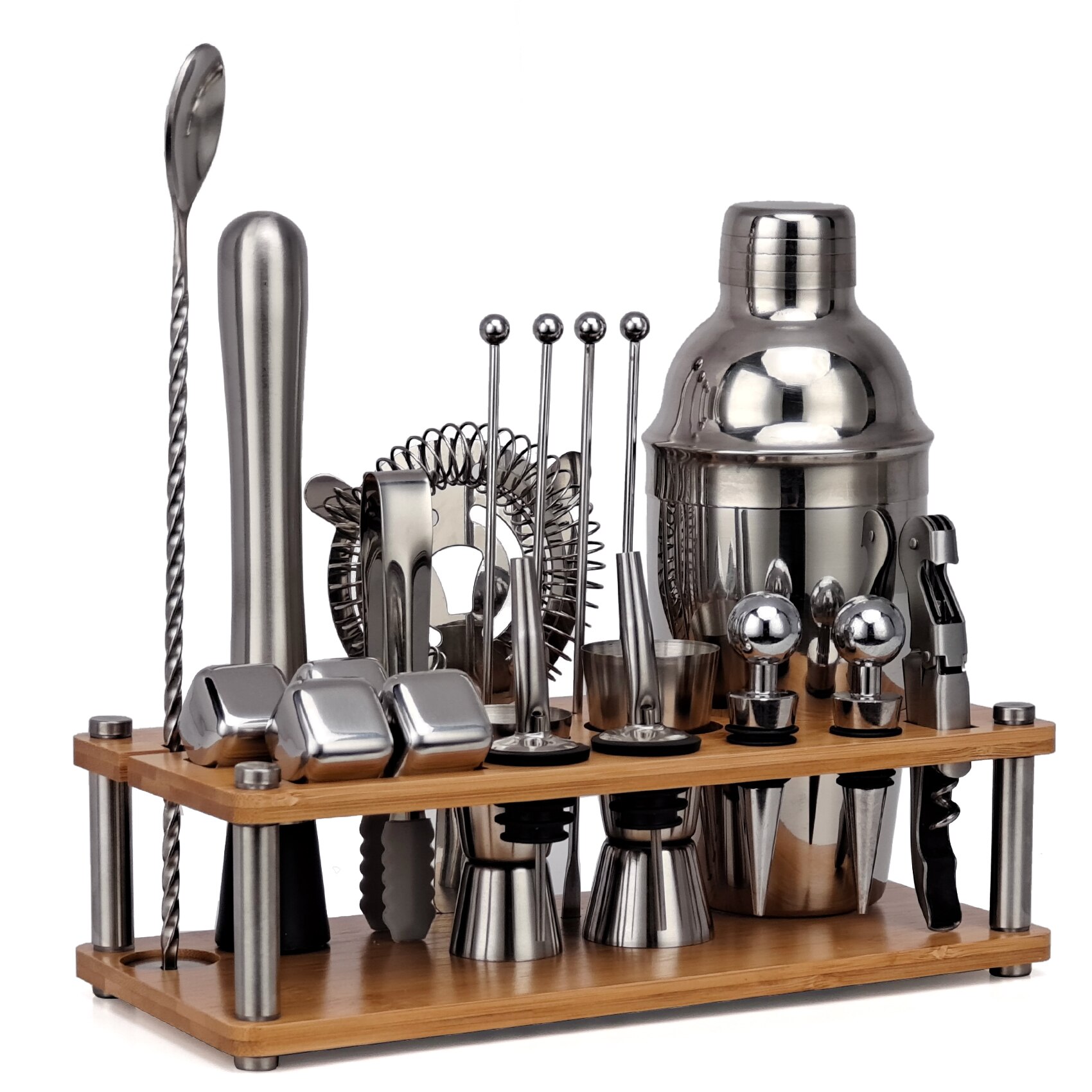 21-Piece Cocktail Shaker Set,Bartender Kit With Bamboo Stand Detachable, Party Home Bar Tools Stainless Steel ,Perfect: 550ML
