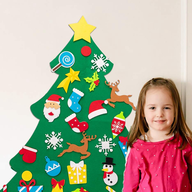 3Ft Diy Vilt Kerstboom Set Met Peuters 33Pcs Ornamenten Xmas Decoraties Muur Opknoping Ornamenten Kids Feestartikelen