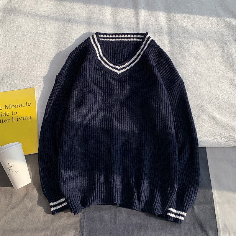 Jerséis con cuello en V para hombre, suéteres masculinos con cuello en V, estilo pijo, para parejas, fáciles de combinar, y holgado, estilo Retro para Otoño e Invierno: blue / M