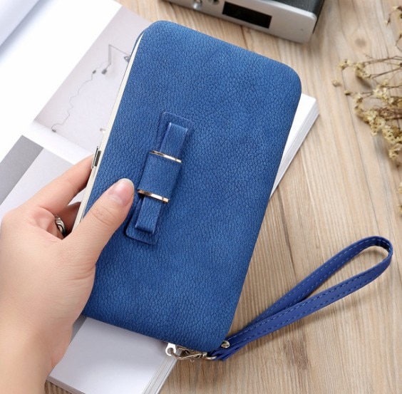 Purse bow women's wallet female famous brand card holders cellphone pocket PU leather clutch women wallet Large lychee 138Q: puBlue138