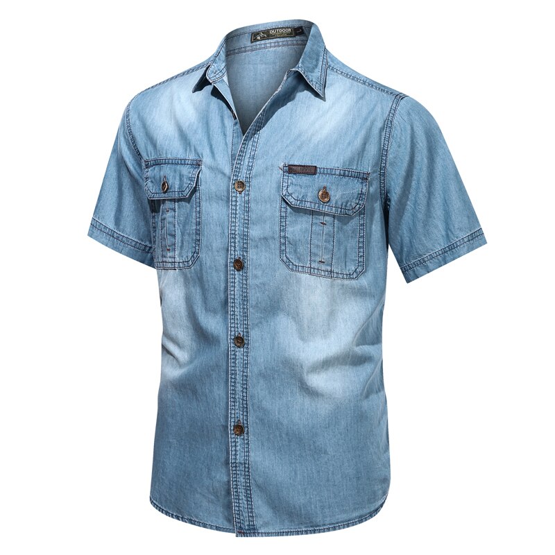 Camisa vaquera ajustada para hombre, camisa de manga corta azul, uniforme de , de negocios, estilo informal, verano,: Mg5010lightblue / Paquete de 2