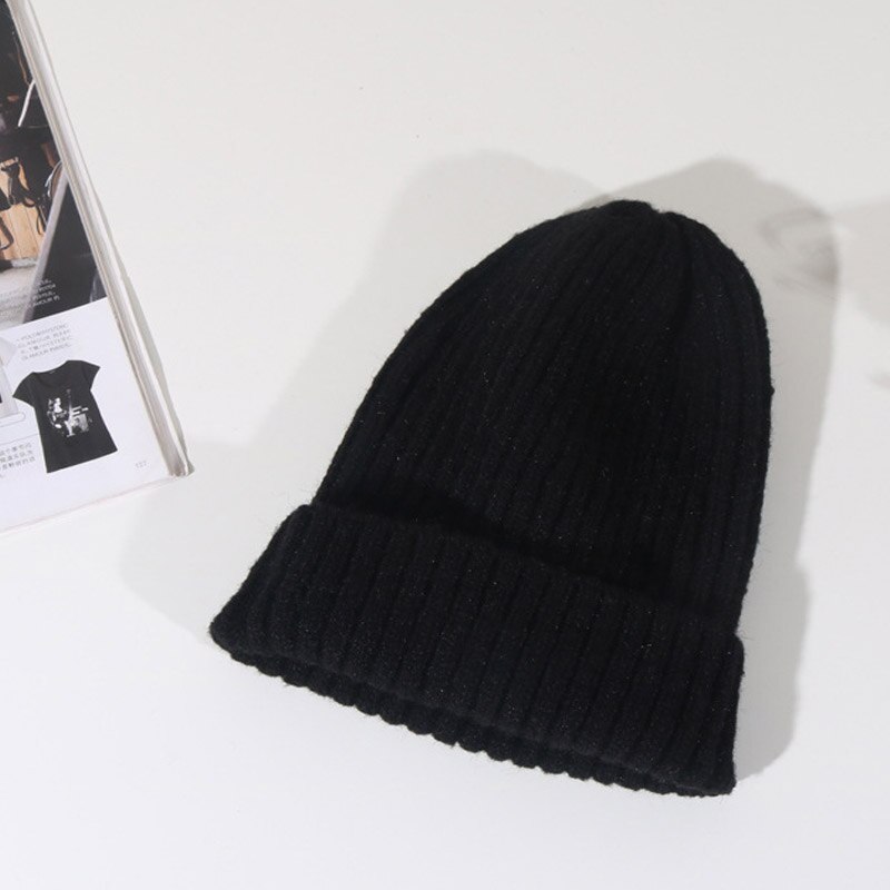 Mltbb Wol Winter Hoeden Voor Vrouwen Solid Candy Kleur Breien Mutsen Hoed Vrouwelijke Zachte Kpop Stijl Skullcap Meisjes Bonnet gorro: black