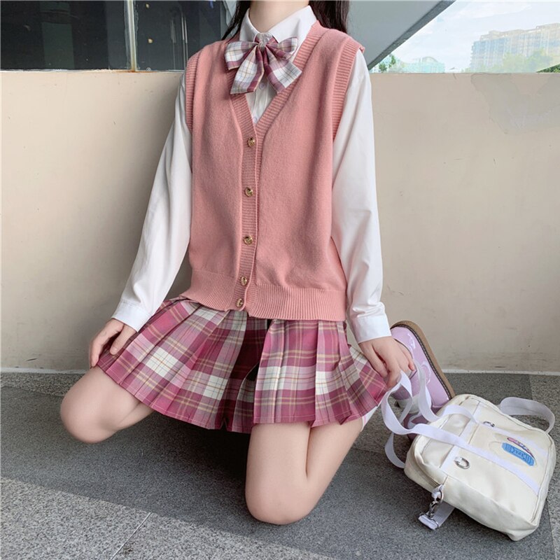 Japansk høyskole-stil jk uniform genser v-hals strikket cardigan yttervest dame topp skoleuniform skolejente uniform: naken rosa genser