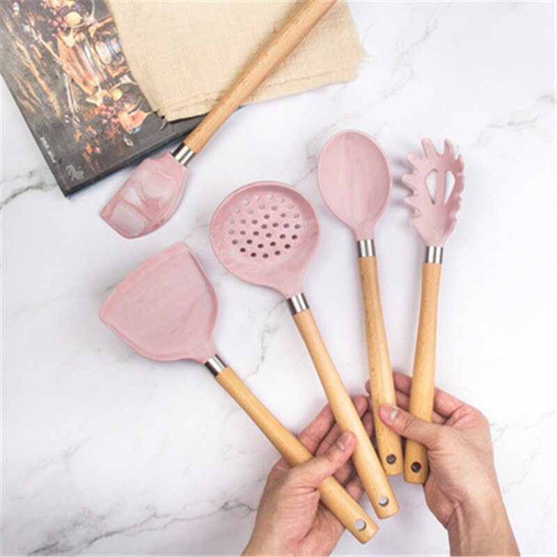 Pink Silicone Kitchen Utensils Set Heat Resistant Nonstick Baking Cooking Tools wooden handle Kitchenware Accessories