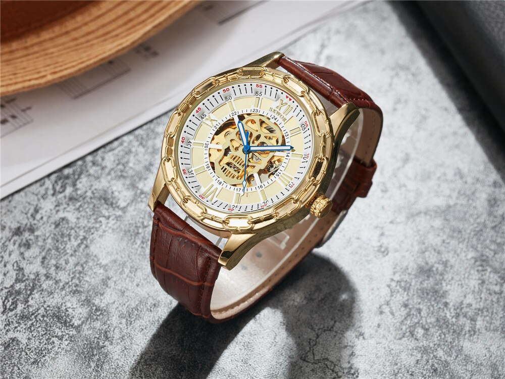 Luxe Gouden Schedel Horloges Heren Skeleton Horloges Sewor Automatische Self-Wind Mechanische Horloges Klok Relogio Masculino