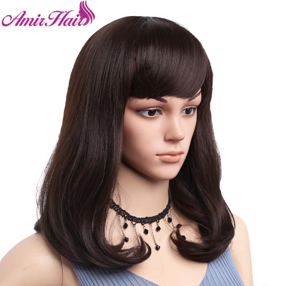 Amir Brown Short Wigs Bob Style Straight Synthetic Black Women's Wig with Bangs 14 Inches Soft Hair Black Wig Cosplay