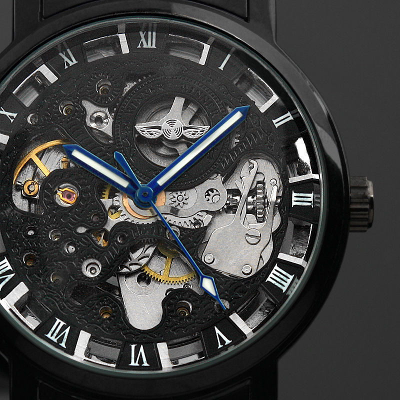 Zwarte Mannen Skeleton Horloge Rvs Antieke Steampunk Casual Automatic Skeleton Mechanische Horloges Mannelijke