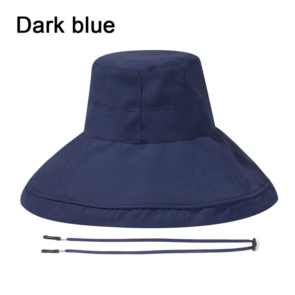 Women Bucket Hat Foldable Portable Outdoor Anti-UV Beach Sun Hat Big Visors With Windproof Rope Spring Summer Fisherman Cap: Dark blue