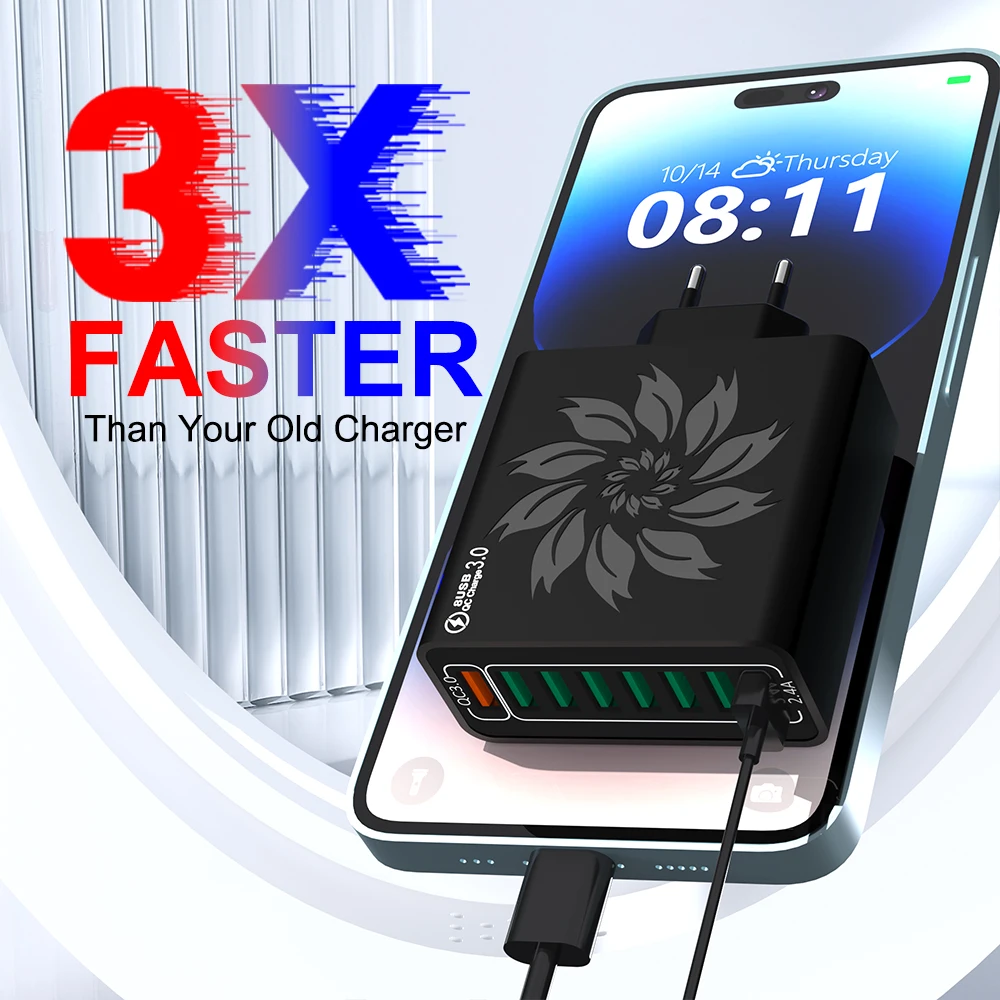 65W Huishoudelijke 8 Poorten USB-oplader met datakabel voor meerdere apparaten USB Snel opladen Muuradapter Quick Charge 3.0 Oplader
