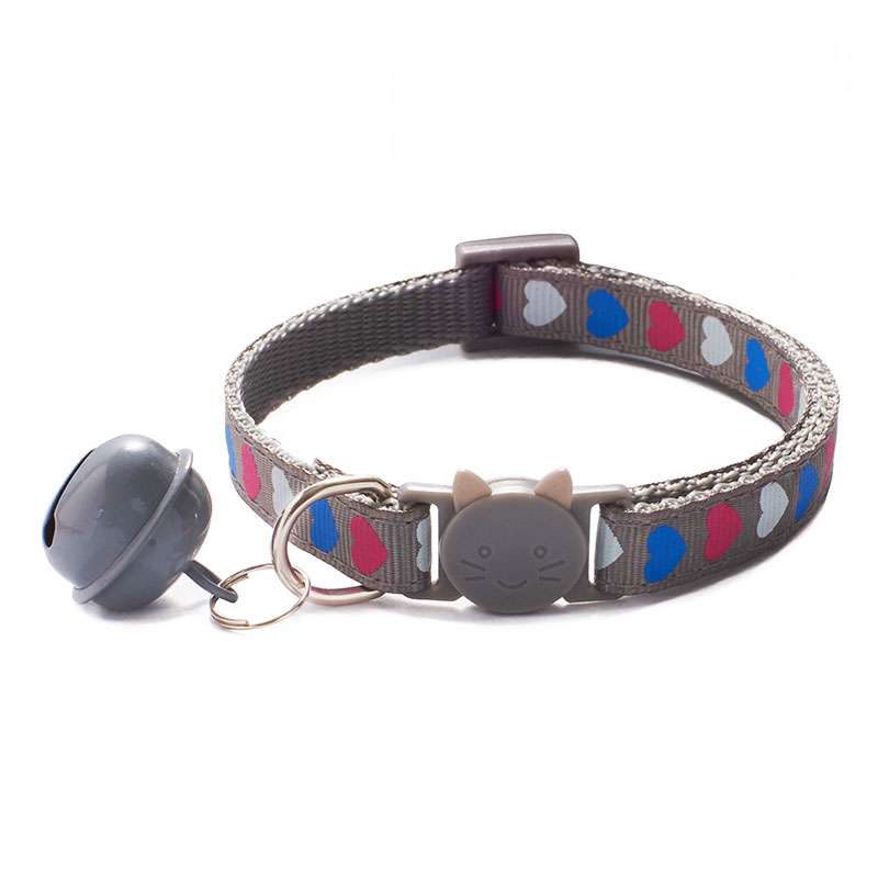 Söta sällskapsdjur halsband hjärta tryck valp justerbar polyester halsband härlig med klockor tryck katt hund halsband krage leverans: Grå