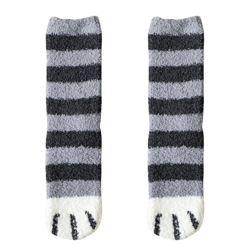 Girls Winter Cat Claws Lovely Thick Warm Sleep Floor Socks Plush Coral: Dark Grey striped